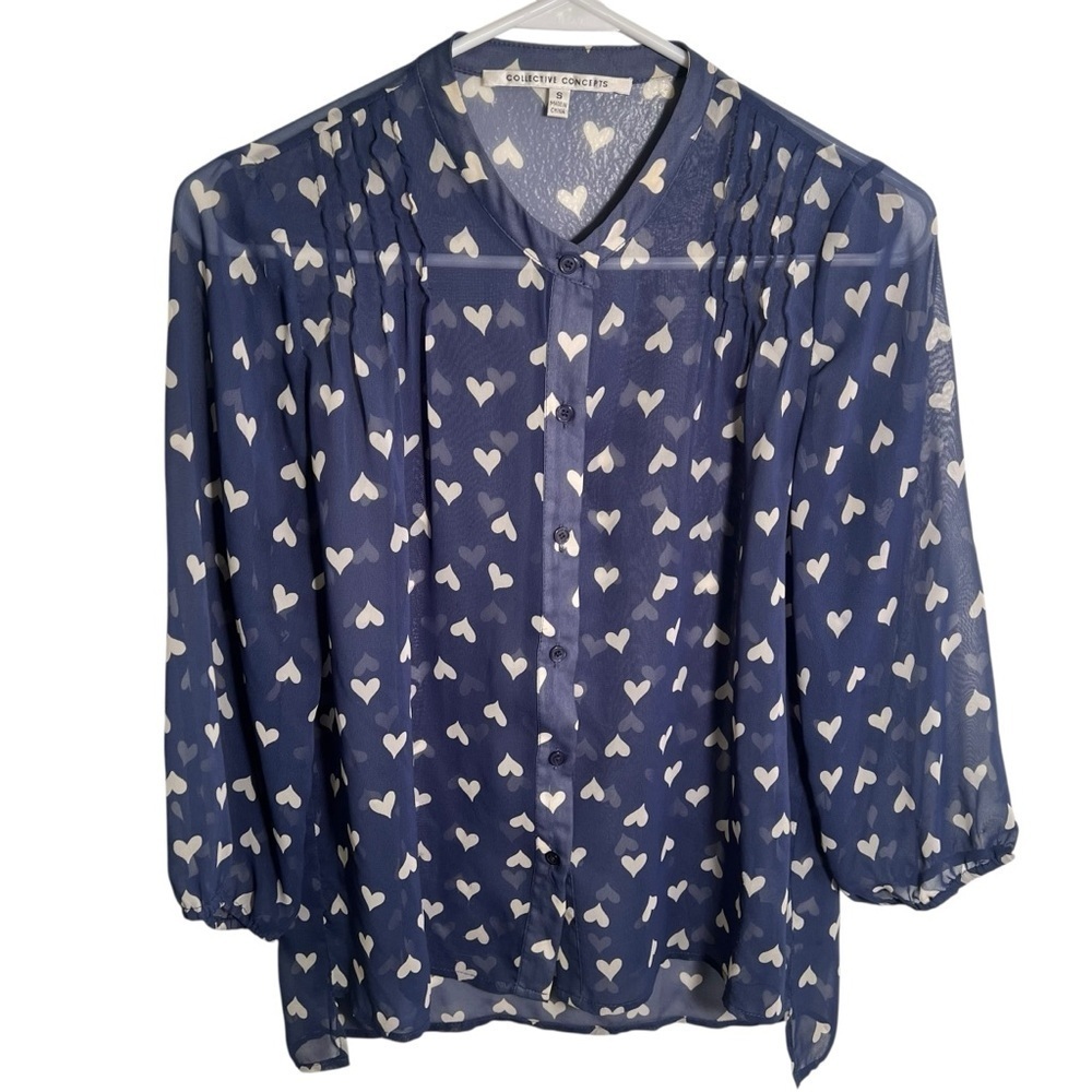 Collective Concepts Womens Size Small Button Down Blouse Blue White Hearts Sheer
